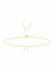 Vera Perla 2-Pieces 18k Yellow Gold N Letter Jewellery Set for Women, with Necklace and Earrings, with Mother of Pearl Stone, Gold/White
