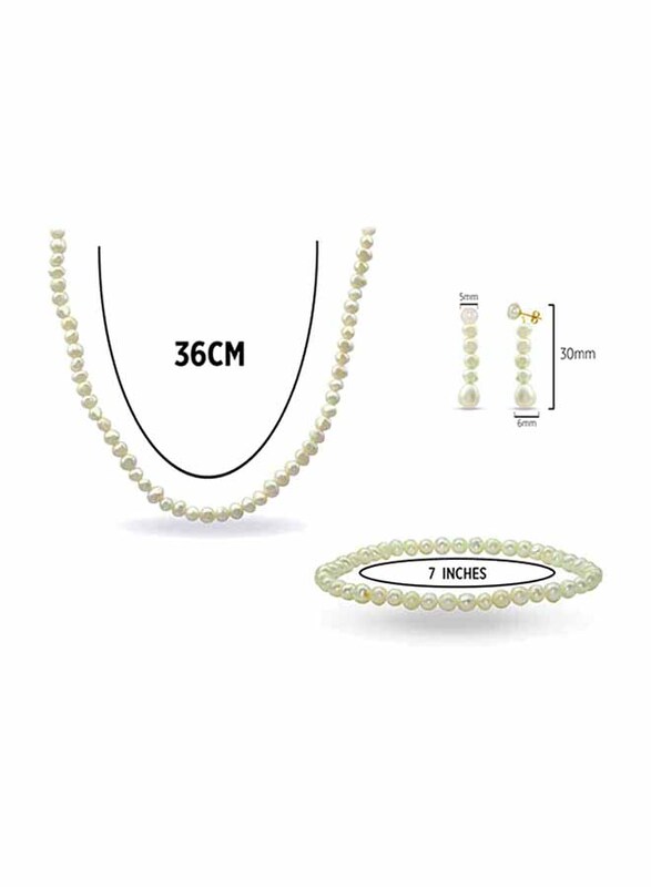 Vera Perla 3-Pieces 10K Gold Jewellery Set for Women, with 36cm Necklace, Bracelet and Earrings, with Pearl Stones, White