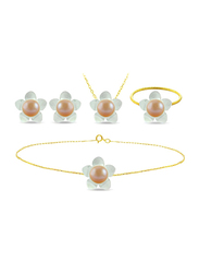 Vera Perla 4-Pieces 18K Solid Yellow Gold Jewellery Set for Women, with Necklace, Bracelet, Earrings and Ring, with 13mm Mother of Pearl Flower Shape, with 7mm Pearl Stones, Gold/Jade/Beige