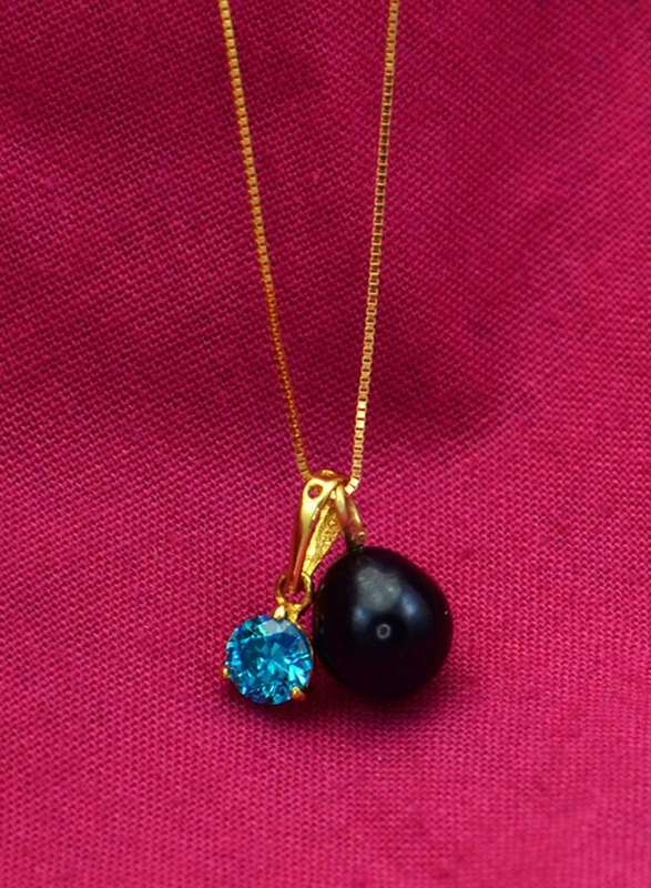 Vera Perla 18K Solid Yellow Gold Necklace for Women, with Zircon and 7 mm Pearl Stone Pendant, Blue/Gold/Black