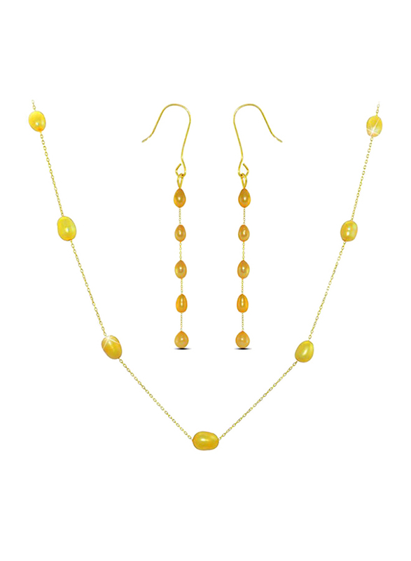 Vera Perla 2-Pieces 18K Gold Jewellery Set for Women, with Pearls Stone, Necklace and Earrings, Gold