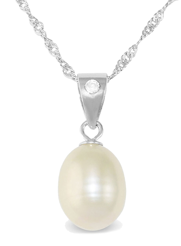 Vera Perla 925 Sterling Silver Pendant Necklace for Women, with 0.01ct Diamond & Pearl Stone, Silver/White