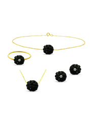 Vera Perla 4-Pieces 10K Solid Gold Earring, Bracelet, Ring and Necklace Set for Women, with 10 mm Crystal Ball, Black/Gold