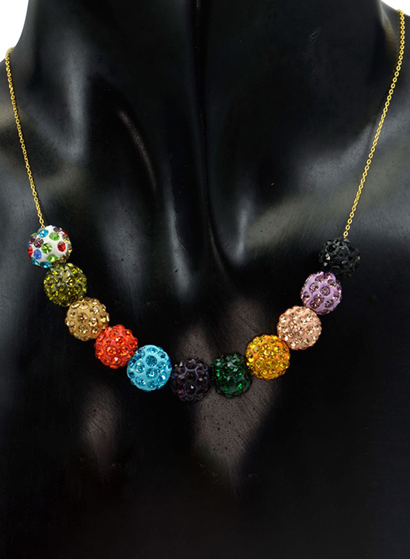 Vera Perla 18K Solid Yellow Gold Chain Necklace for Women, with 10mm Crystal Balls, Multicolor