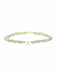 Vera Perla 18K Gold Strand Beaded Bracelet for Women, with Letter W Mother of Pearl and Pearl Stone, White