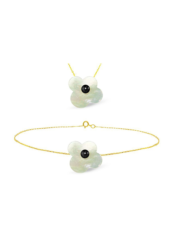 Vera Perla 2-Pieces 18K Solid Yellow Gold Pendant Necklace and Bracelet Set for Women, with Flower Shape Mother of Pearl and 7mm Pearl Stones, Jade/Gold/Black