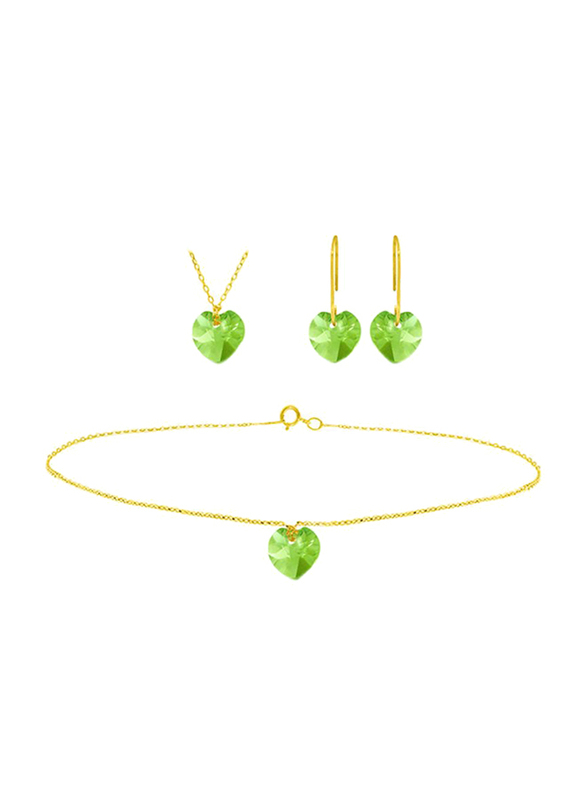 Vera Perla 3-Pieces 18K Solid Yellow Gold Jewellery Set for Women, with Necklace, Bracelet and Earrings, with 7mm Peridot Stone, Gold/Green