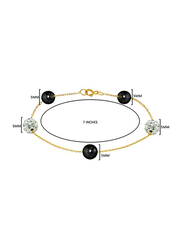 Vera Perla 18K Solid Gold Chain Bracelet for Women, with Gradual Built-in Crystal Ball and Pearl Stone, Gold/Black/Clear