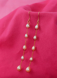 Vera Perla 18K Gold Opera Drop Earrings for Women, with White Pearl Stones, Pink