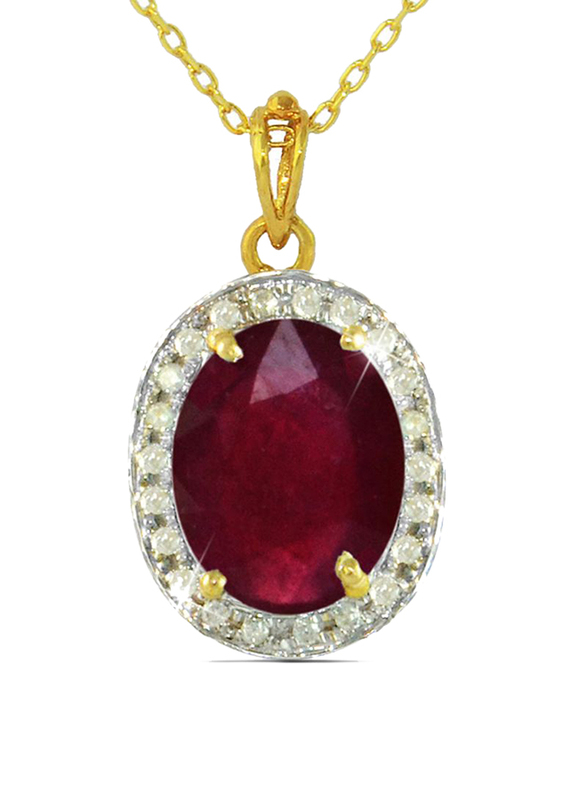 Vera Perla 18K Gold Link Chain Necklace for Women, with 0.12ct Diamonds and Oval Cut Ruby Stone Pendant, Gold/Maroon