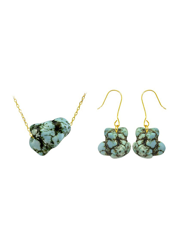 Vera Perla 2-Pieces 18K Gold Jewellery Set for Women, with Necklace and Earrings, with Turquoise Nugget Stone, Gold