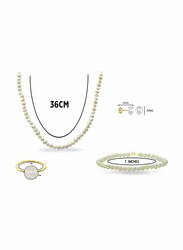 Vera Perla 4-Pieces 18K Gold Jewellery Set for Women, with Necklace, Bracelet, Earrings and Ring, with Pearl Stones, White