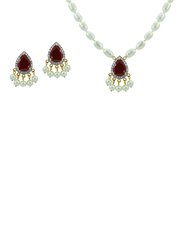 Vera Perla 2-Pieces 18K Gold Jewellery Set for Women, with Necklace and Earrings, with 0.36ct Diamonds and Royal Indian Ruby Stone, White/Red
