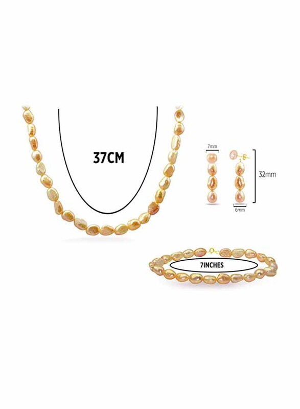 Vera Perla 3-Pieces 18K Gold Jewellery Set for Women, with Necklace, Lobster Bracelet and Earrings, with Pearl Stones, Rose Gold