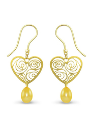 Vera Perla 18K Solid Yellow Gold Heart Dangle Earrings for Women, with 7mm Drop Pearl Stone, Yellow/Gold