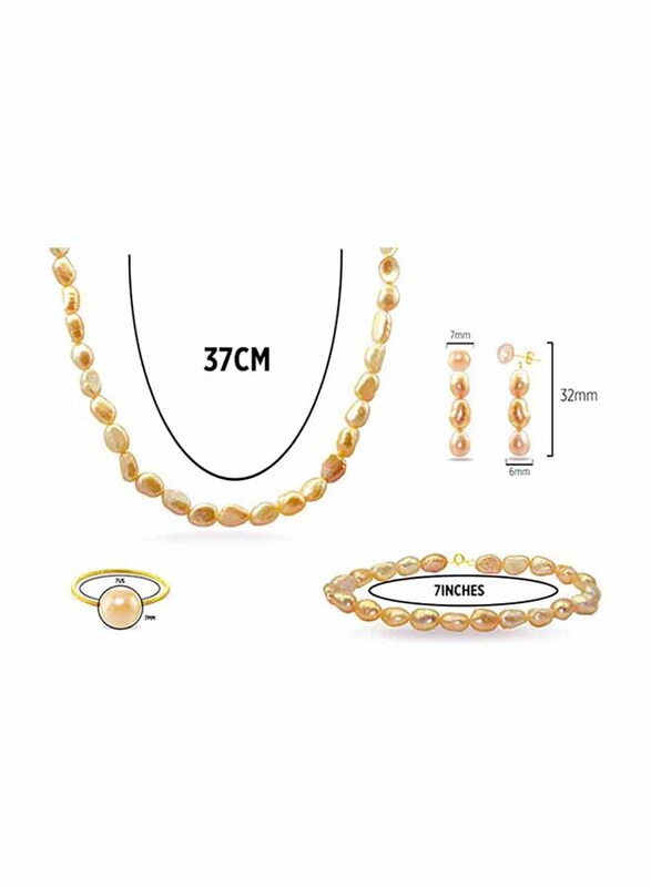 Vera Perla 4-Pieces 18K Gold Strand Jewellery Set for Women, with Necklace, Lobster Bracelet, Earrings and Ring, with Pearl Stones, Gold