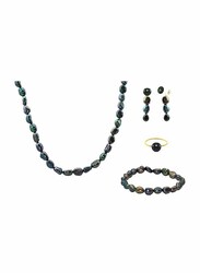 Vera Perla 4-Pieces 18K Gold Jewellery Set for Women, with Necklace, Bracelet, Earrings and Ring, with Pearl Stones, Blue