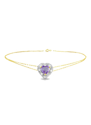 Vera Perla 18K Gold Chain Bracelet for Women, with 0.08ct Diamonds and Amethyst Heart Stone, Gold/Purple
