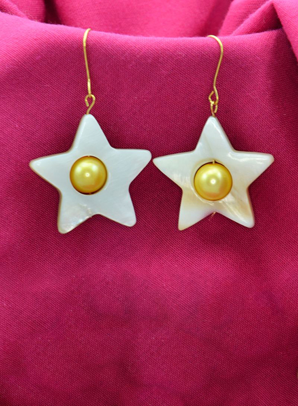 Vera Perla 18K Solid Yellow Gold Simple Dangle Earrings for Women, with Star Shape Mother of Pearl and 6-7mm Pearl Stone, White/Gold/Yellow