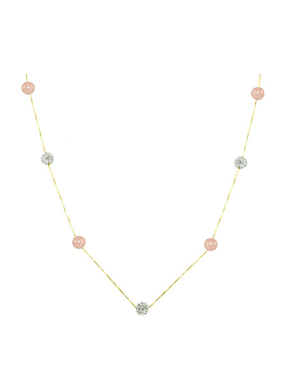 Vera Perla 18K Solid Yellow Gold Simple Chain Necklace for Women, with 5-6mm Pearls and Crystal Balls, Gold/Clear/Silver
