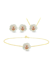 Vera Perla 3-Pieces 18K Solid Yellow Gold Jewellery Set for Women, with Necklace, Bracelet and Earrings, with Mother of Pearl Shell and 4mm Pearl Stones, White/Beige