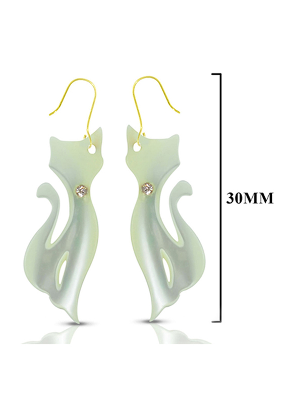 Vera Perla 18K Gold Dangle Earrings, with Cat Shape Crystal Mother of Pearl Stone, White/Gold