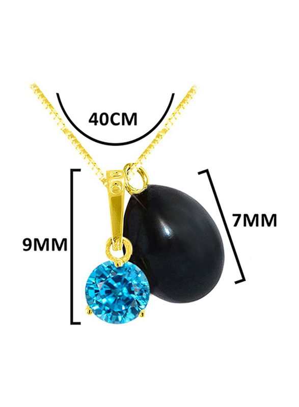 Vera Perla 18K Solid Yellow Gold Necklace for Women, with Zircon and 7 mm Pearl Stone Pendant, Blue/Gold/Black