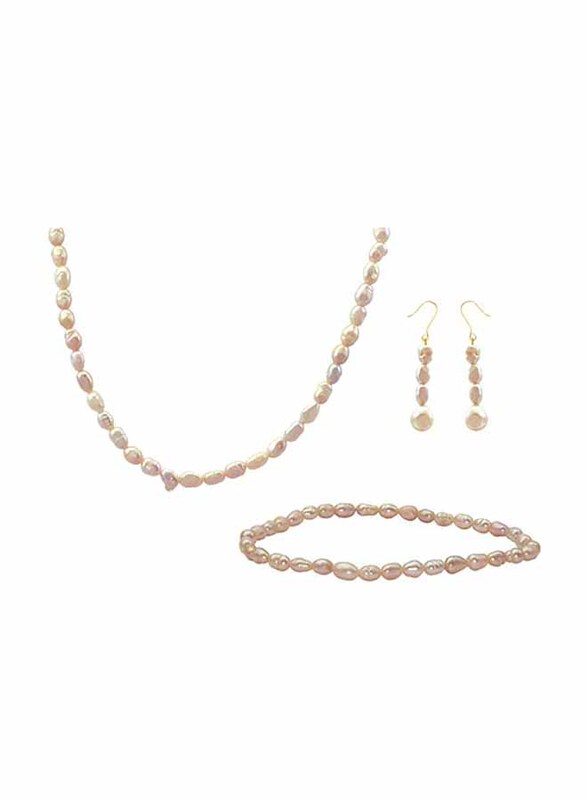 Vera Perla 3-Pieces 10K Gold Jewellery Set for Women, with 36cm Necklace, Bracelet and Hoop Earrings, with Pearl Stones, Rose Gold