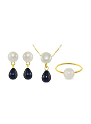Vera Perla 4-Pieces 18k Yellow Gold Jewellery Set for Women, with Button Pearl Drop, Black/White