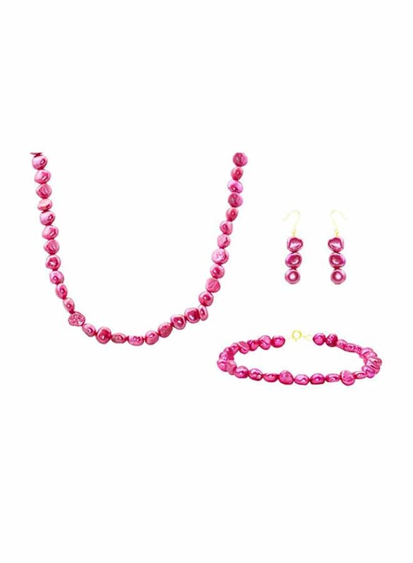 Vera Perla 3-Pieces 10K Gold Strand Jewellery Set for Women, with 41cm Necklace, Bracelet and Earrings, with Pearl Stones, Pink