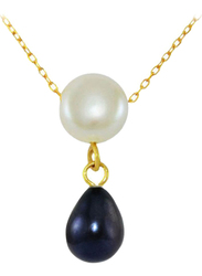 Vera Perla 18k Yellow Gold Chain Necklace for Women, with Button Pearl Drop and Pearl Pendant White/Black