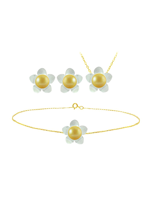 Vera Perla 4-Pieces 18k Solid Yellow Gold Jewellery Set for Women, with 13mm Mother of Pearl Flower Shape and 7mm Pearl, White/Yellow