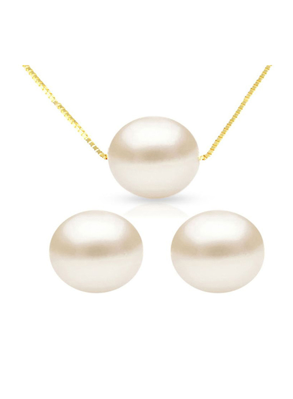 Vera Perla 2-Pieces 18K Solid Yellow Gold Jewellery Set for Women, with Necklace and Earrings, with 8mm Pearl Stones, Gold/Off-White