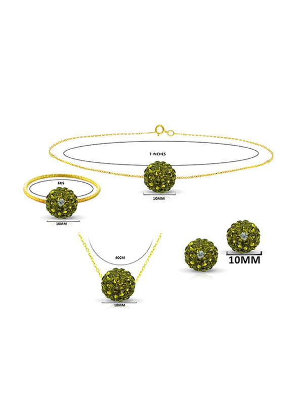 Vera Perla 4-Pieces 10K Solid Gold Earring, Bracelet, Ring and Necklace Set for Women, with 10 mm Crystal Ball, Green/Gold