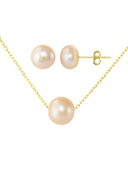 Vera Perla 10K Yellow Gold Necklace Set for Women, with Pearl Stone and Earring, Gold/Peach