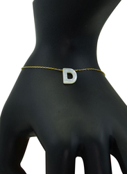 Vera Perla 18K Gold Charm Bracelet for Women, with D Letter Mother of Pearl Stone, Gold/White