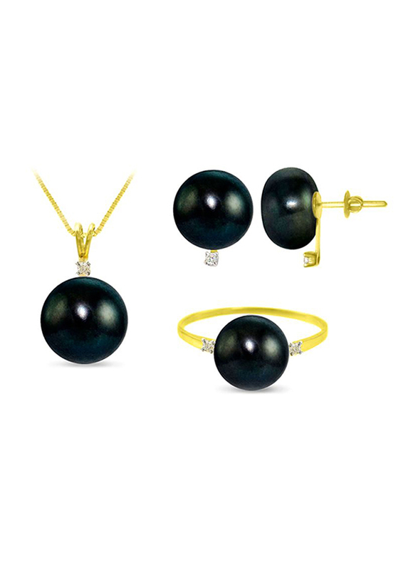 Vera Perla 3-Pieces 18K Gold Pendant Necklace, Earrings and Ring Set for Women, with 0.08ct Diamonds and 9-10 mm Pearls Stone, Black