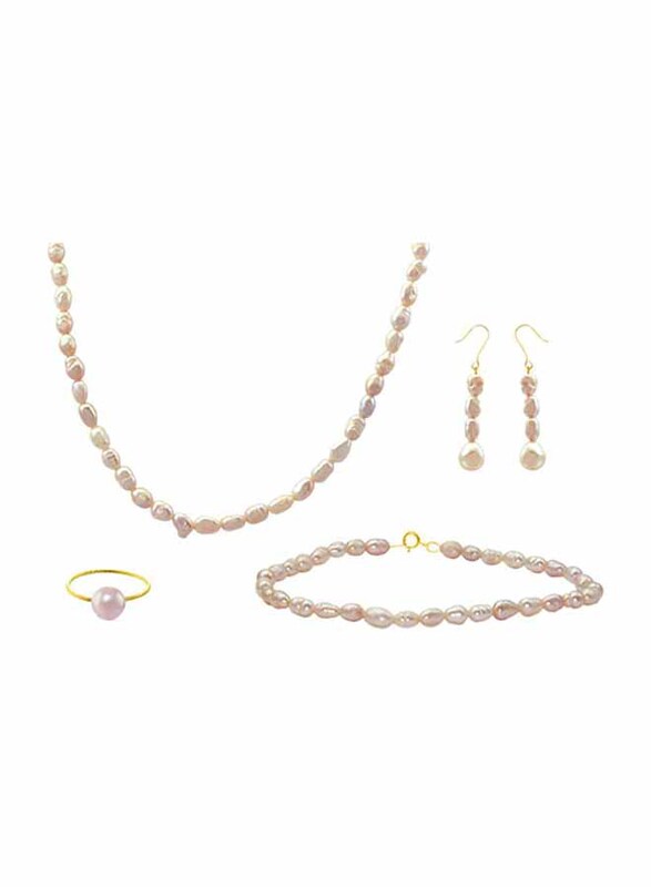 Vera Perla 4-Pieces 18K Gold Strand Jewellery Set for Women, with Necklace, Bracelet, Dangle Earrings and Ring, with Pearl Stones, Purple