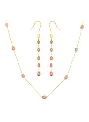 Vera Perla 2-Pieces 18K Gold Jewellery Set for Women, with Pearls Stone, Necklace and Earrings, Gold/Pink