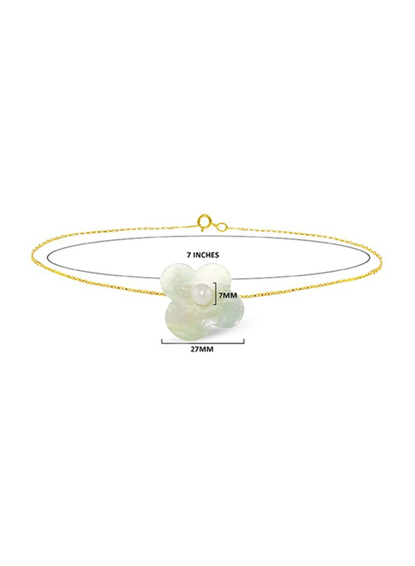 Vera Perla 18K Solid Yellow Gold Chain Bracelet for Women, with Flower Shape Mother of Pearl and 7mm Freshwater Pearl Stone, Gold/Jade