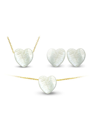 Vera Perla 3-Pieces 10K Gold Jewellery Set for Women, with Necklace, Earrings and Bracelet, with Heart Shape Mother of Pearl Stone, White/Gold