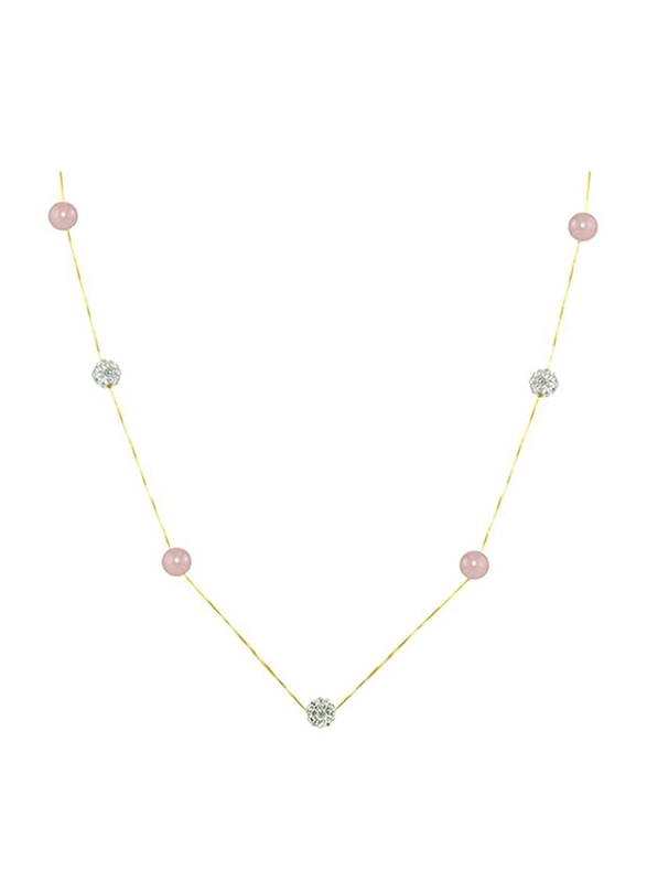 Vera Perla 18K Solid Yellow Gold Simple Chain Necklace for Women, with 5-6mm Pearls and Crystal Balls, Gold/Purple/Clear