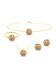 Vera Perla 4-Pieces 10K Solid Gold Earring, Bracelet, Ring and Necklace Set for Women, with 10 mm Crystal Ball, Peach/Gold