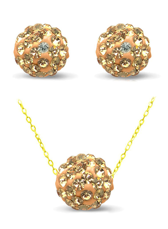 Vera Perla 2-Pieces 10K Solid Gold Jewellery Set for Women, with Necklace and Earrings, with 10 mm Crystal Ball, Gold/Peach