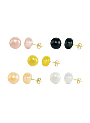 Vera Perla 5-Pieces 18K Gold Dangle Earrings Set for Women, with 7mm Genuine Pearl Stones, Multicolour