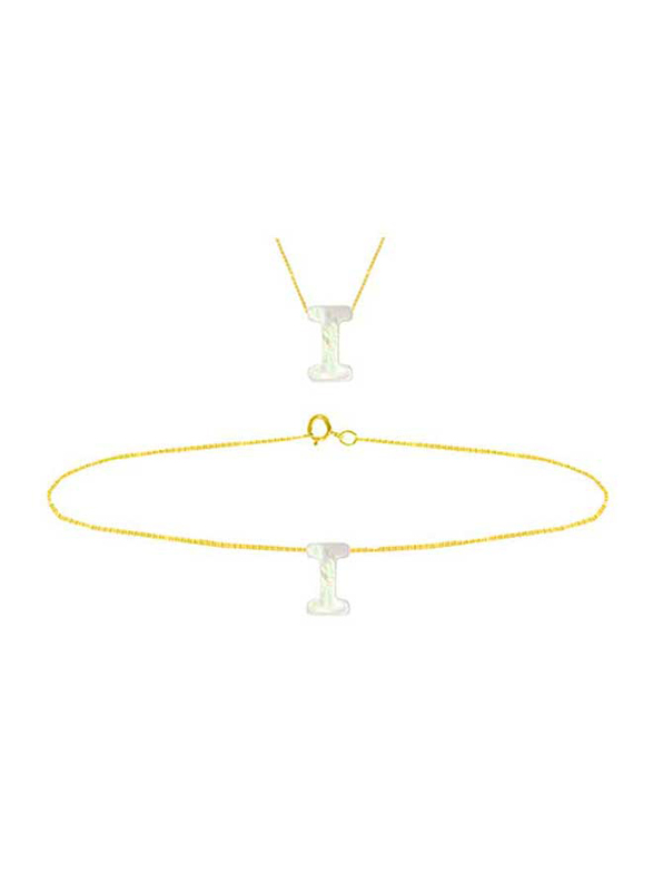 Vera Perla 2-Pieces 18k Yellow Gold I Letter Jewellery Set for Women, with Necklace and Earrings, with Mother of Pearl Stone, Gold/White