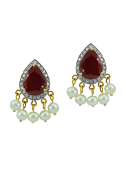 Vera Perla 18K Gold Drop Earrings for Women, with 0.24 ct Genuine Diamonds and Royal Indian Ruby Stone, Red/White