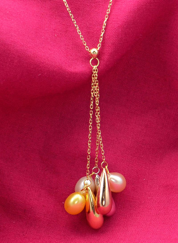 Vera Perla 10K Solid 3 Tone Gold Pendant Necklace for Women, with 7 mm Drop Pearl Stone, Gold/Orange/Pink/Silver