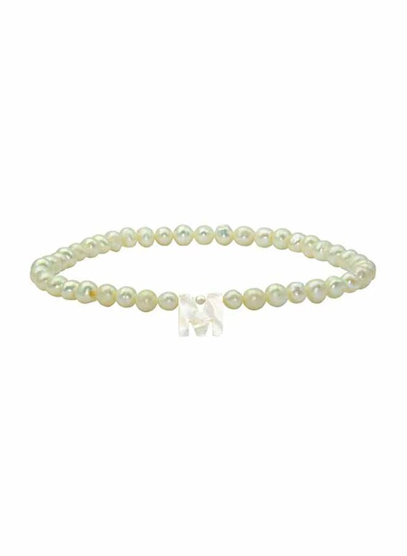 Vera Perla Elastic Stretch Bracelet for Women, with Letter M Mother of Pearl and Pearl Stone, White