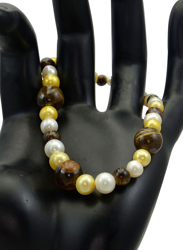 Vera Perla 5-10mm Pearls and Tiger Eye Elastic Beaded Bracelet for Women, Multicolor
